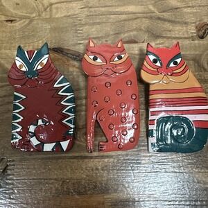 Rare 3 Vintage Laurel Burch Large Wooden‎ Striped Cat Brooches Pins
